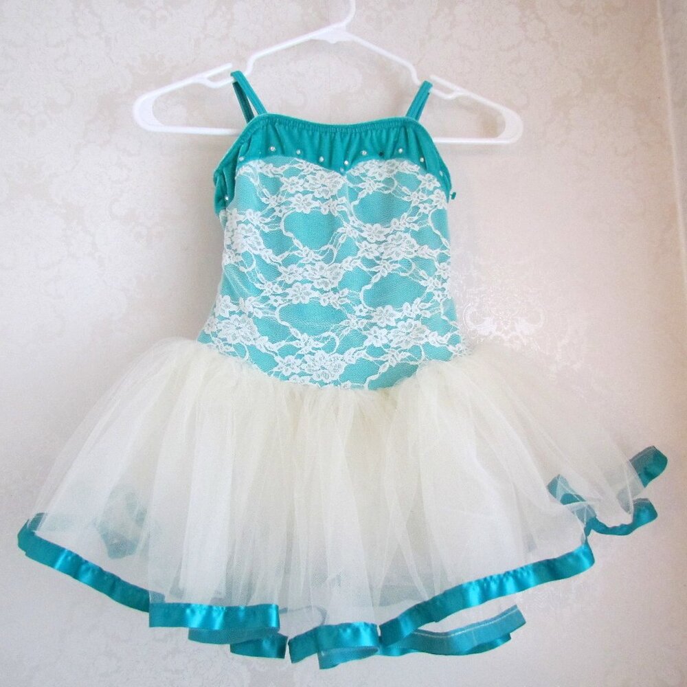 GIRL'S WEISSMAN TUTU DANCE COSTUME, MC MEDIUM, TURQUOISE & WHITE BALLERINA